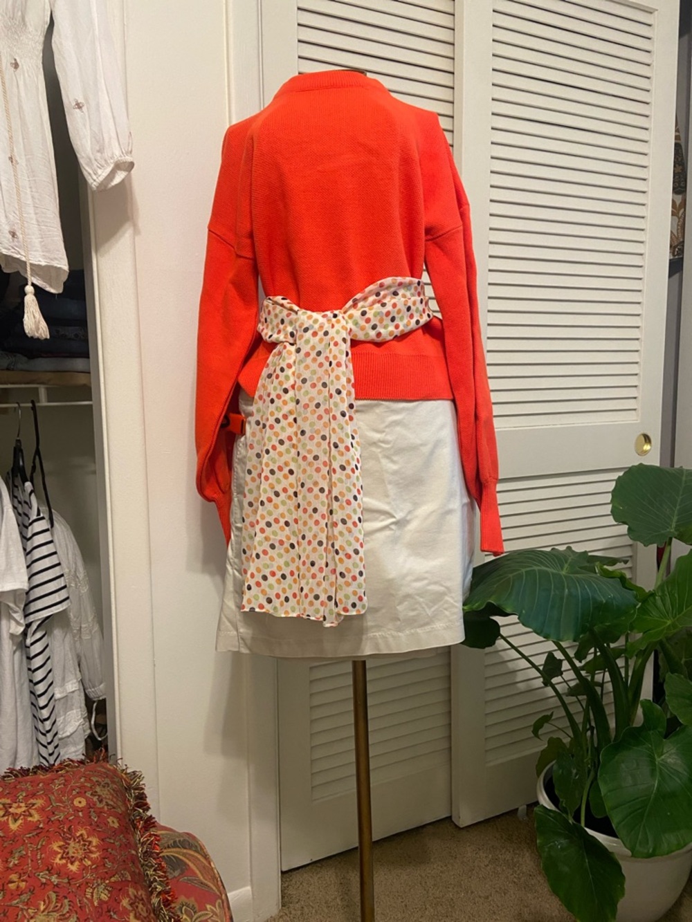 SHEIN Orange Crewneck Sweater with Polka Dot Sash